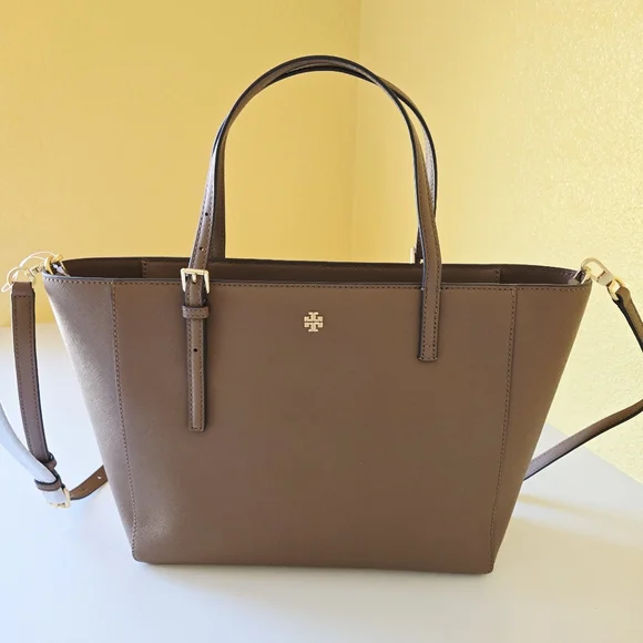 Tory Burch Emerson Top Zip Tote Moose Brown Saffiano Leather Crossbody Bag - Picture 4 of 16